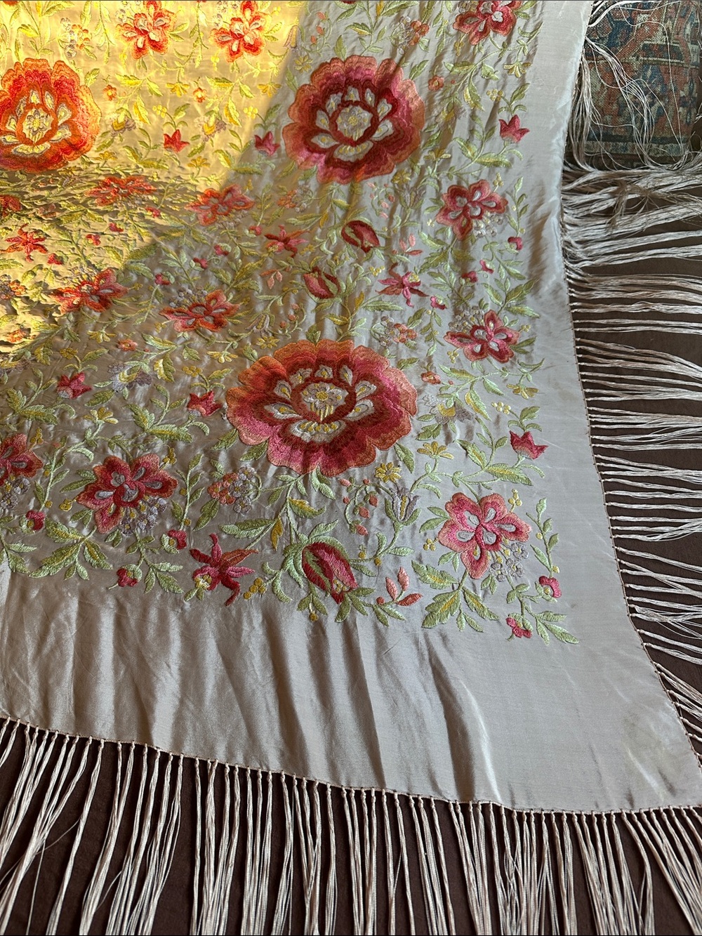 Vintage Silk Piano Shawl Hand-Embroidered Floral in Pale Pink- hot pink flowers - Picture 4 of 16